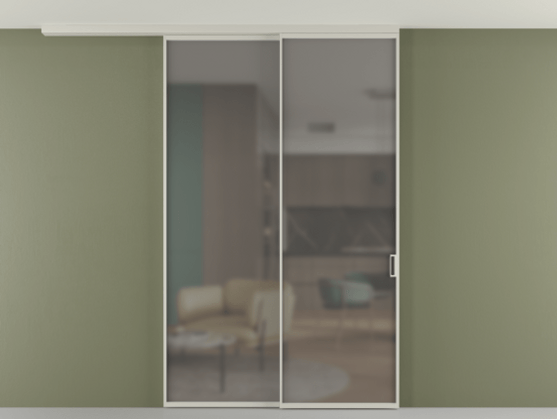 Перегородка Формато вдоль стены на потолок 2 створки с синхронным механизмом АЛПР 040.01 Алюминий тёплый серый Сатинированное серое стекло, триплекс Цена 2261498 ₸ | Volhovec