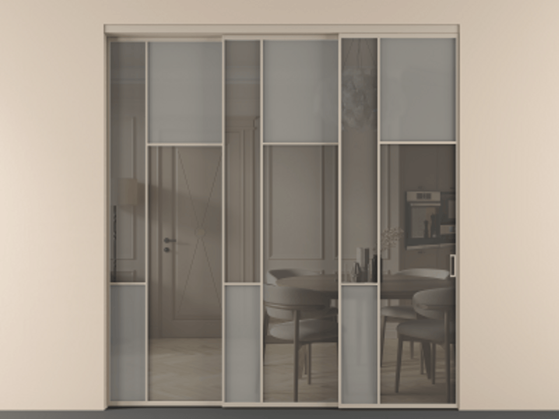 Перегородка Мозаик внутри проёма 3 створки с синхронным механизмом АЛПР 041.11 Алюминий бисквитный Сатинированное серое стекло, триплекс, 6 мм + Прозрачное серое стекло, триплекс Цена 3306668 ₸ | Volhovec