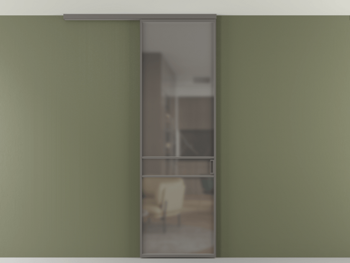 Перегородка Формато вдоль стены на потолок 1 створка АЛПР 040.02 Алюминий классический серый Сатинированное серое стекло, триплекс Цена 732246 ₸ | Volhovec