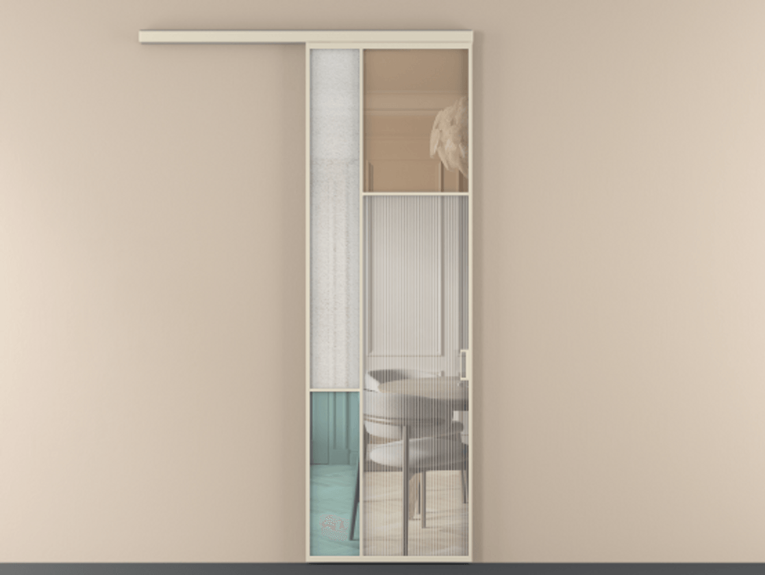 Перегородка Mosaic вдоль стены одностворчатая АЛПР 041.11  Алюминий бежево-серый Комбинация стекол Группы 1 и Группы 3 Цена 822900 ₸ | Volhovec