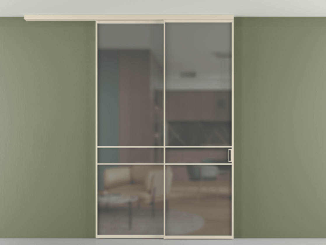 Перегородка Формато вдоль стены на потолок 2 створки с синхронным механизмом АЛПР 040.02 Алюминий бежево-серый Сатинированное серое стекло, триплекс Цена 2101499 ₸ | Volhovec