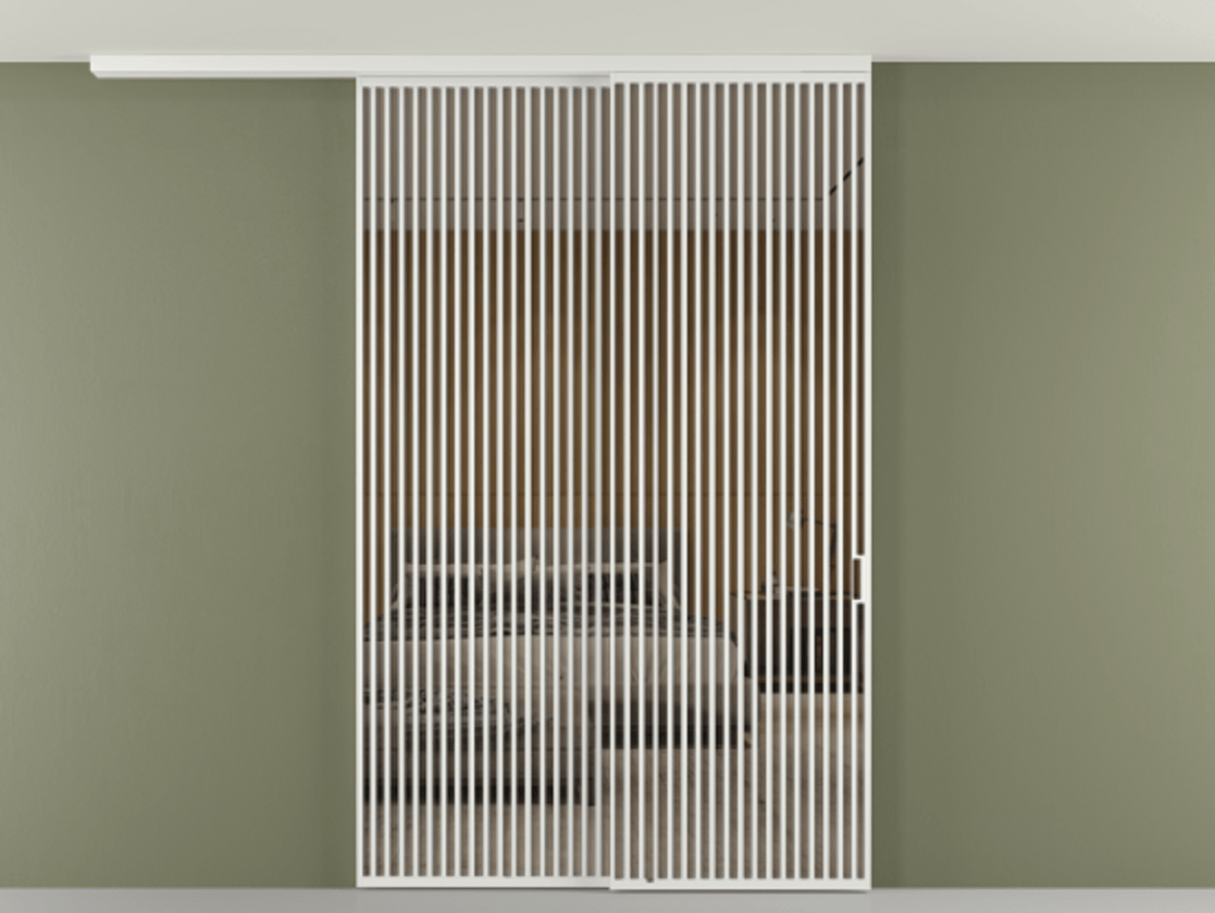 Перегородка Формато вдоль стены на потолок 2 створки с синхронным механизмом АЛПР 040.06 Алюминий белоснежный Рефлективное бронзовое стекло "Стопсол", калёное Цена 3502215 ₸ | Volhovec