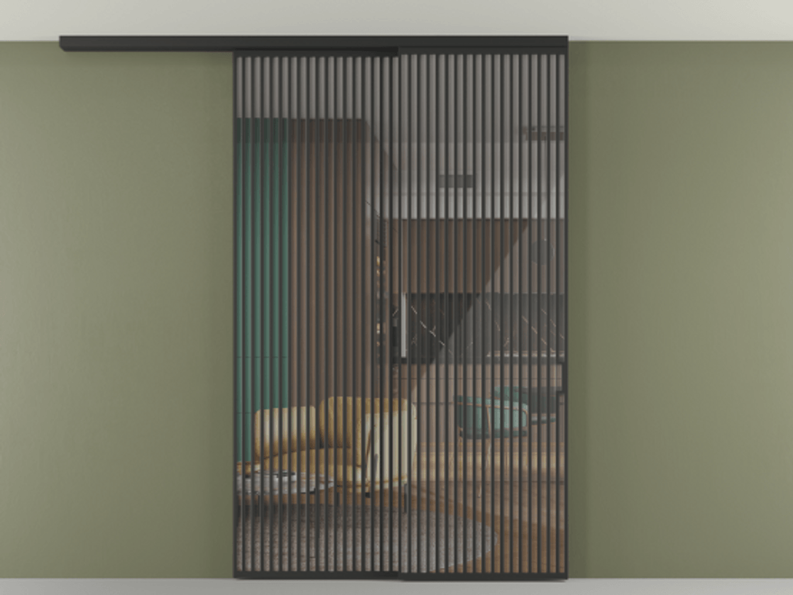 Перегородка Формато вдоль стены на потолок 2 створки с синхронным механизмом АЛПР 040.06 Алюминий Черный Рефлективное прозрачное стекло "Стопсол", калёное Цена 3911242 ₸ | Volhovec