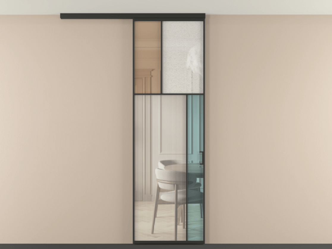 Перегородка Мозаик вдоль стены на потолок 1 створка АЛПР 041.23 Алюминий Черный Комбинация стекол Группы 1 и Группы 3 Цена 1024834 ₸ | Volhovec