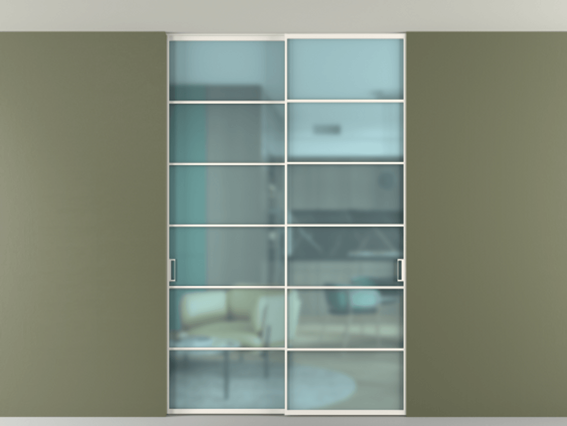 Перегородка Формато внутри проёма скрытое крепление в потолок 2 створки АЛПР 040.04 Алюминий пудровый белый Сатинированное голубое стекло, триплекс Цена 1973803 ₸ | Volhovec