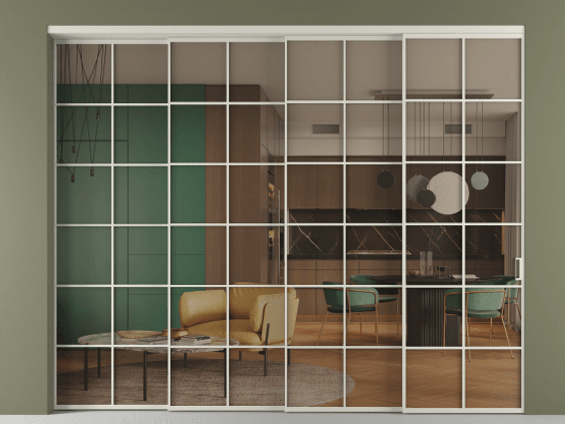 Перегородка Formato внутри проёма 4 створки с синхронным механизмом АЛПР 040.05 Алюминий тёплый серый Прозрачное бронзовое стекло, триплекс Цена 3569076 ₸ | Volhovec