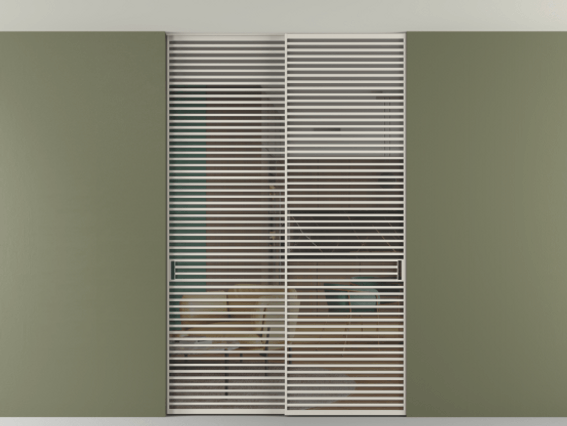 Перегородка Формато внутри проёма скрытое крепление в потолок 2 створки АЛПР 040.07 Алюминий облачно-серый Прозрачное серое стекло, триплекс Цена 3098957 ₸ | Volhovec