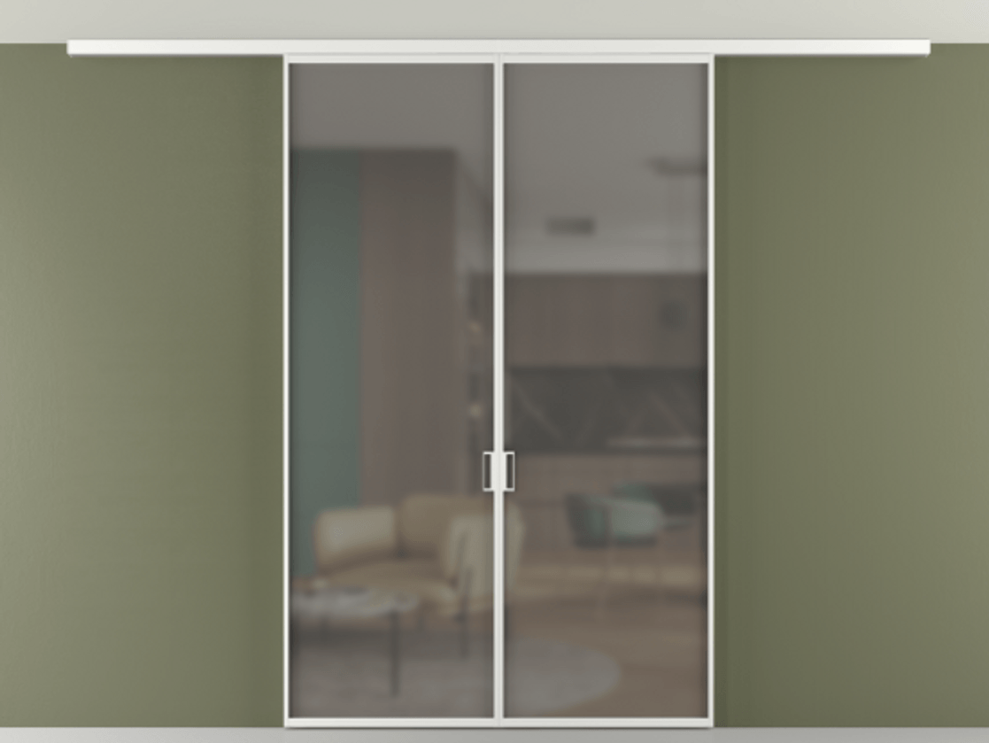 Перегородка Формато вдоль стены на потолок 2 створки АЛПР 040.01 Алюминий белоснежный Сатинированное серое стекло, триплекс Цена 1343450 ₸ | Volhovec