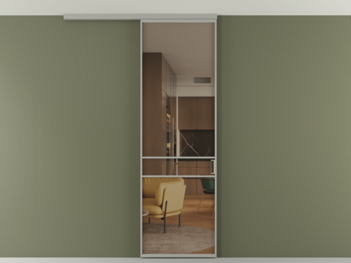 Перегородка Formato вдоль стены на потолок 1 створка АЛПР 040.02 Алюминий нейтральный серый Прозрачное бронзовое стекло, триплекс Цена 732246 ₸ | Volhovec