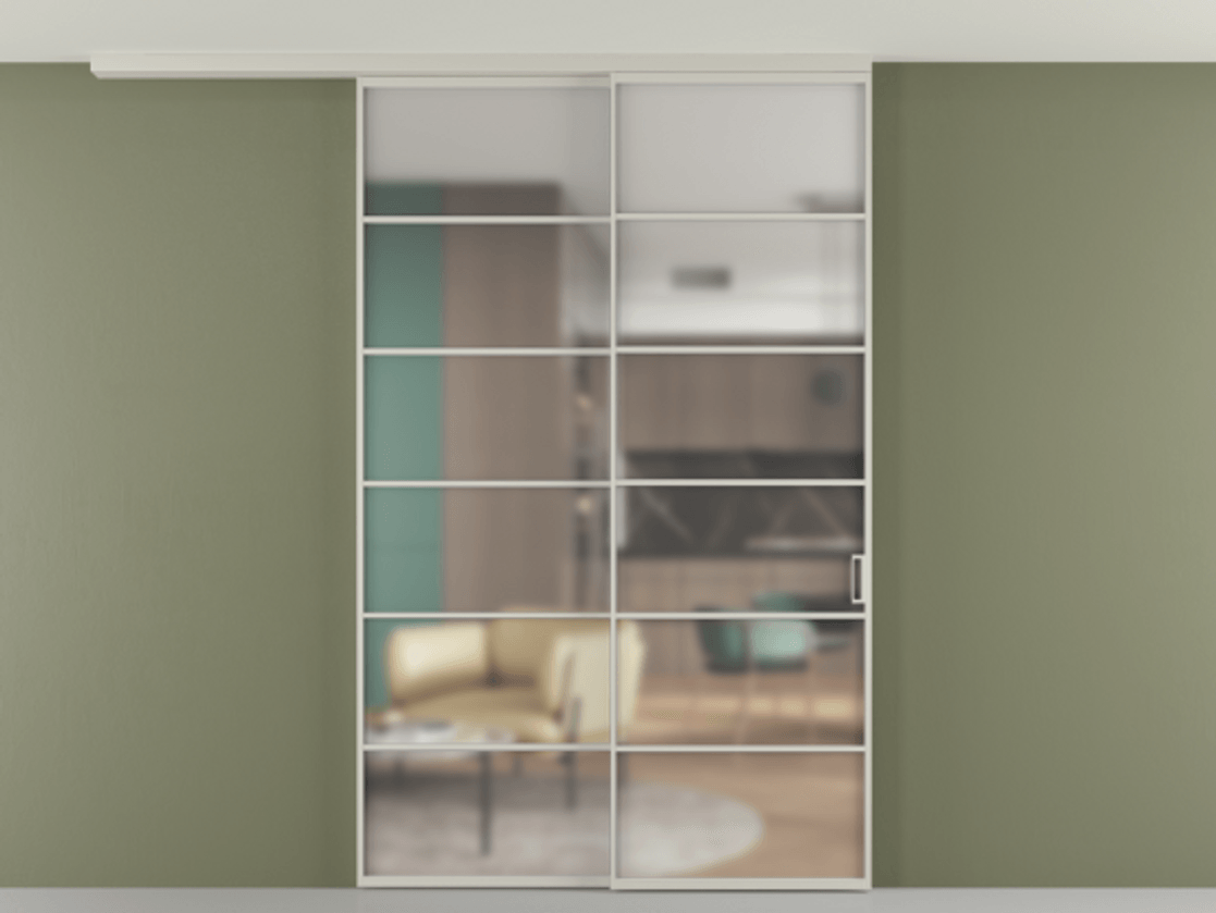 Перегородка Формато вдоль стены на потолок 2 створки с синхронным механизмом АЛПР 040.04 Алюминий тёплый серый Сатинированное стекло "Мателюкс Кристал Вижн", калёное, матовое, каленое 6 мм Цена 2602001 ₸ | Volhovec