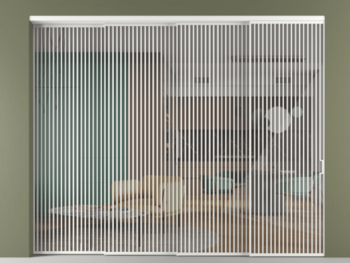 Перегородка Формато внутри проёма 4 створки с синхронным механизмом АЛПР 040.06 Алюминий белоснежный Рефлективное прозрачное стекло "Стопсол", калёное Цена 7374024 ₸ | Volhovec