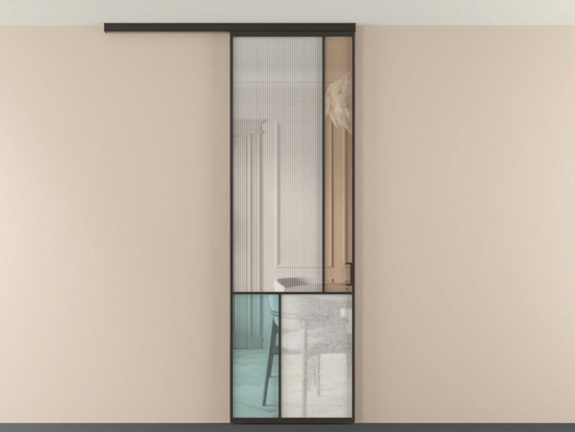 Перегородка Мозаик вдоль стены на потолок 1 створка АЛПР 041.21 Алюминий антрацит Комбинация стекол Группы 1 и Группы 3 Цена 1066262 ₸ | Volhovec