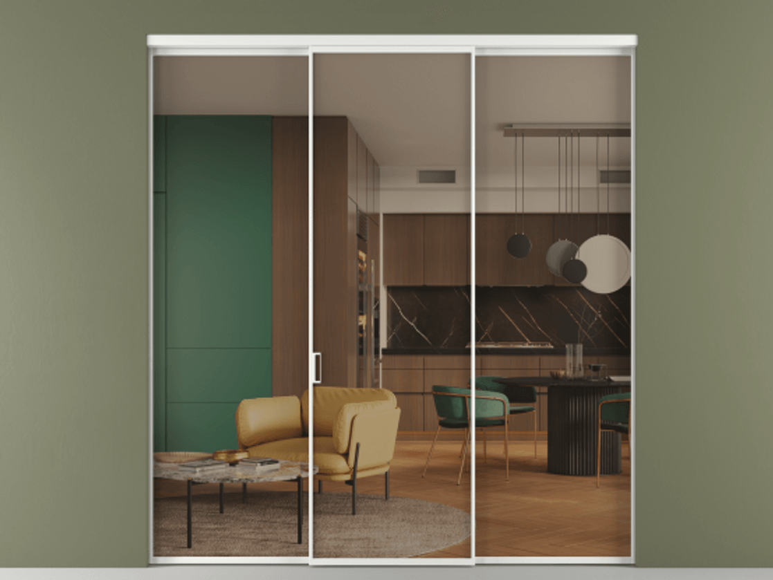 Перегородка Formato внутри проёма 3 створки АЛПР 040.01 Алюминий белоснежный Прозрачное бронзовое стекло, триплекс Цена 1470020 ₸ | Volhovec