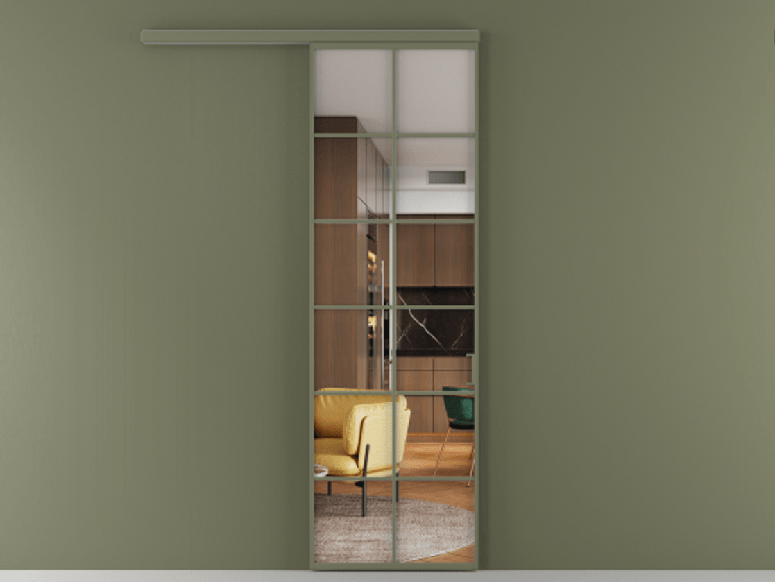 Перегородка Formato вдоль стены 1 створка АЛПР 040.05 Алюминий оливковый тёмный Прозрачное стекло "Crystal Vision", калёное Цена 854260 ₸  | Volhovec