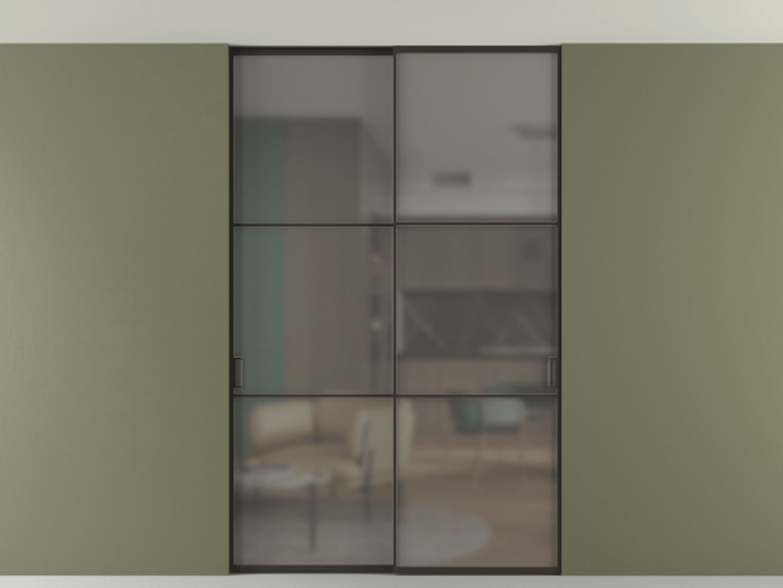 Перегородка Formato внутри проёма скрытое крепление в потолок 2 створки АЛПР 040.03 Алюминий антрацит Сатинированное серое стекло, триплекс Цена 2188771 ₸ | Volhovec