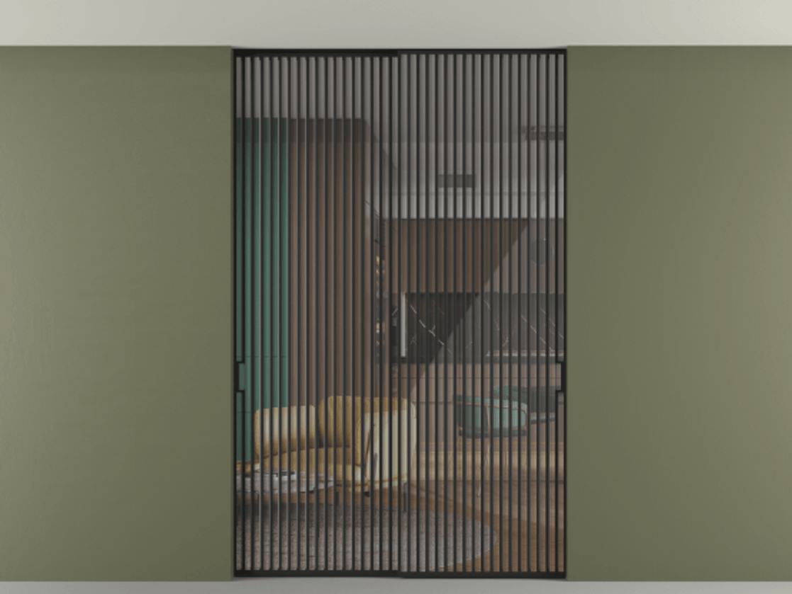 Перегородка Формато внутри проёма скрытое крепление в потолок 2 створки АЛПР 040.06 Алюминий Черный Рефлективное прозрачное стекло "Стопсол", калёное Цена 3801622 ₸ | Volhovec