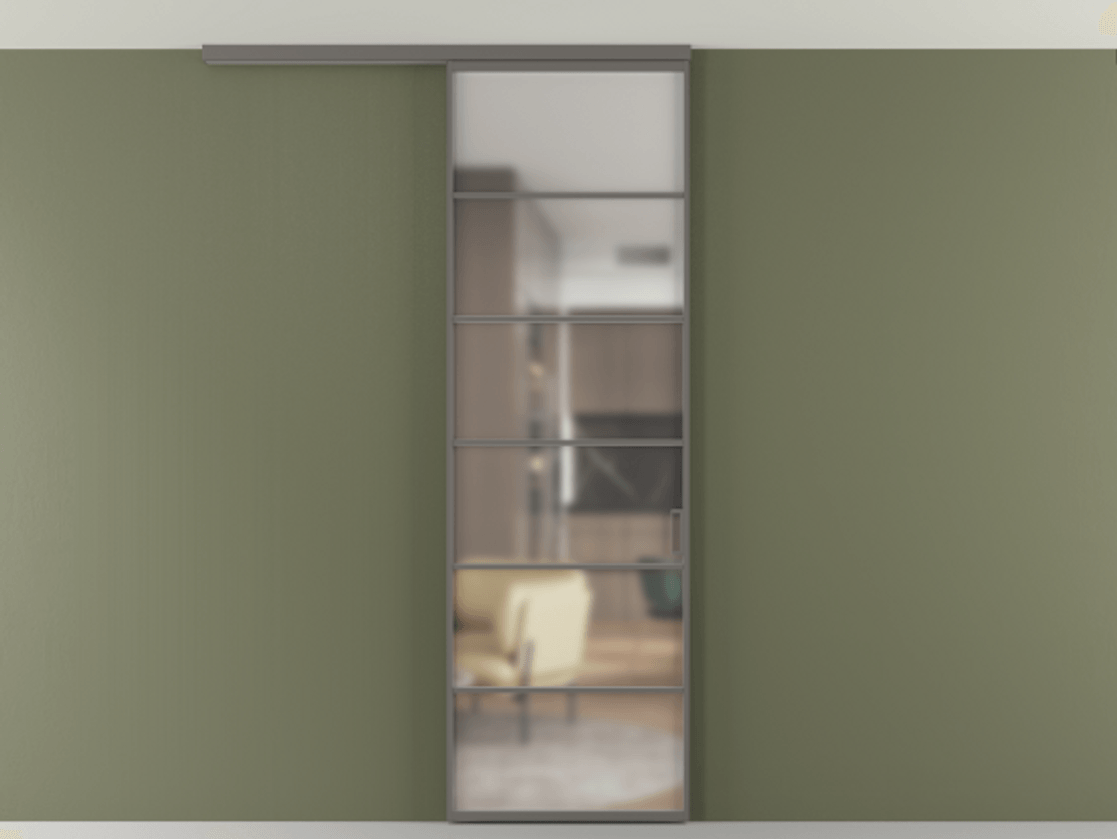 Перегородка Формато вдоль стены на потолок 1 створка АЛПР 040.04 Алюминий классический серый Сатинированное стекло "Мателюкс Кристал Вижн", калёное, матовое, каленое 6 мм Цена 863745 ₸ | Volhovec