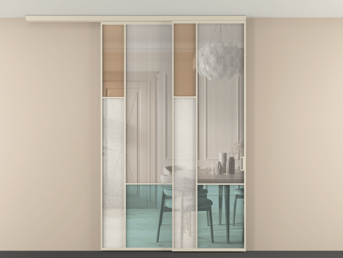 Перегородка Mosaic вдоль стены на потолок телескопик синхро 2 АЛПР 041.13 Алюминий бежево-серый Комбинация стекол Группы 1 и Группы 3 Цена 2234400 ₸ | Volhovec