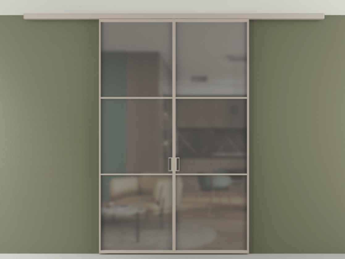 Перегородка Формато вдоль стены на потолок 2 створки АЛПР 040.03 Алюминий бисквитный Сатинированное серое стекло, триплекс Цена 1723075 ₸ | Volhovec