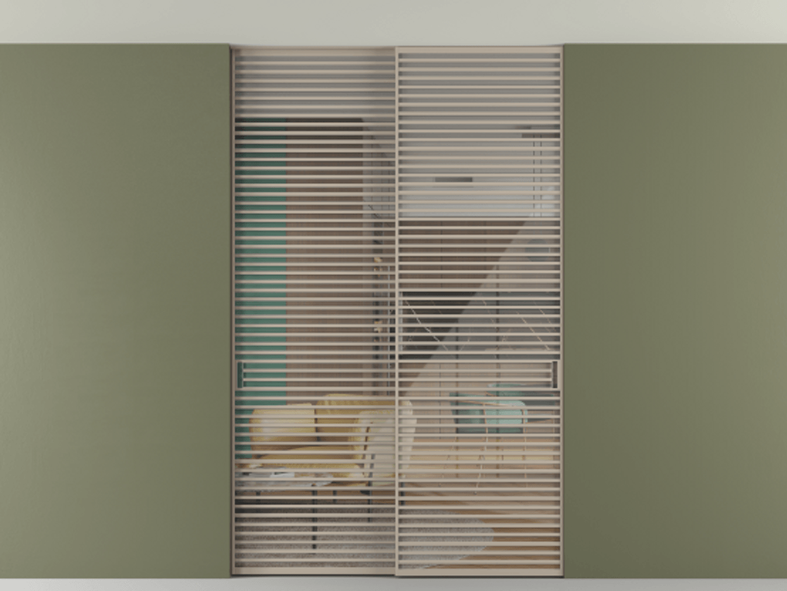 Перегородка Формато внутри проёма скрытое крепление в потолок 2 створки АЛПР 040.07 Алюминий бисквитный Рефлективное прозрачное стекло "Стопсол", калёное Цена 3939667 ₸ | Volhovec