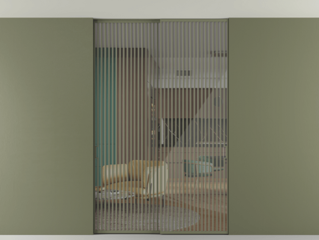 Перегородка Формато внутри проёма скрытое крепление в потолок 2 створки АЛПР 040.06 Алюминий оливковый тёмный Рефлективное прозрачное стекло "Стопсол", калёное Цена 3939667 ₸ | Volhovec