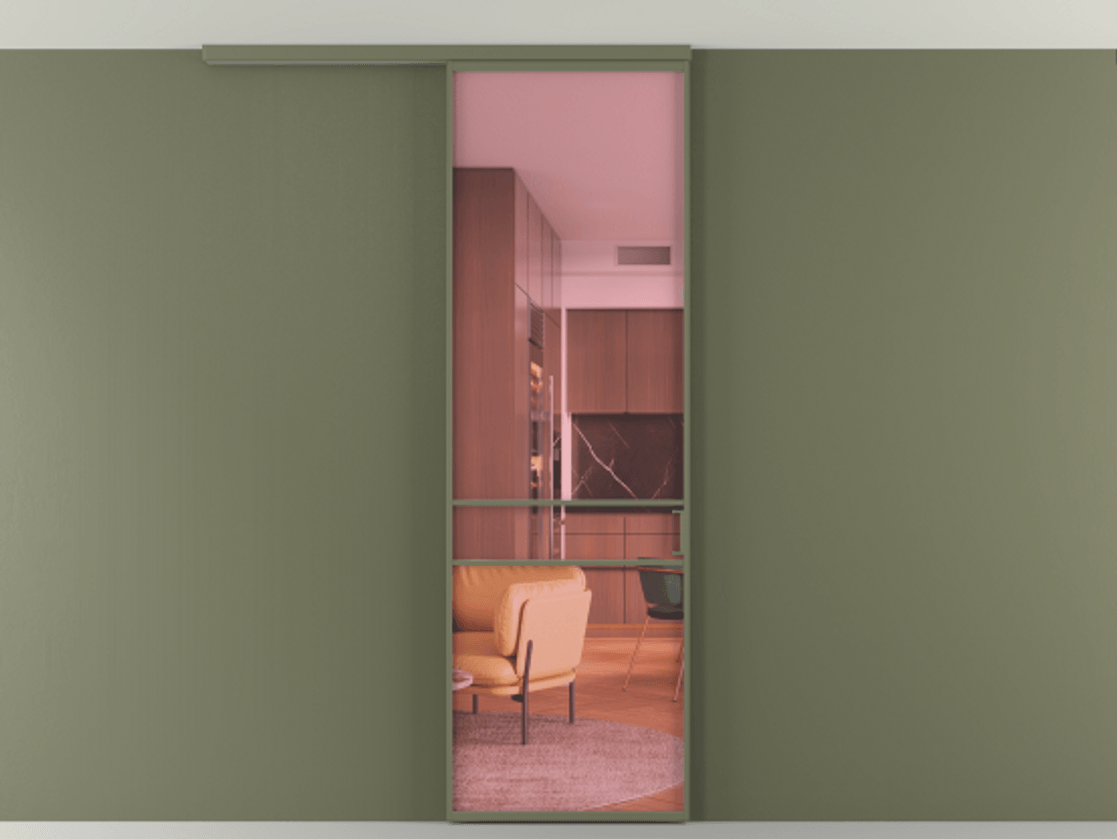 Перегородка Formato вдоль стены на потолок 1 створка АЛПР 040.02 Алюминий оливковый тёмный Прозрачное розовое стекло, триплекс Цена 630200 ₸ | Volhovec