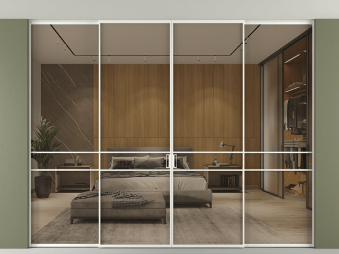 Перегородка Formato внутри проёма скрытое крепление в потолок 4 створки АЛПР 040.02 Алюминий светло-серый Рефлективное бронзовое стекло "Stopsol", калёное Цена 4196858 ₸ | Volhovec