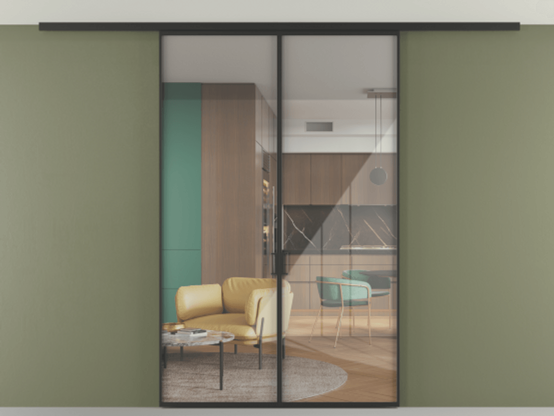 Перегородка Формато вдоль стены на потолок 2 створки АЛПР 040.01 Алюминий Черный Рефлективное прозрачное стекло "Стопсол", калёное Цена 1444625 ₸ | Volhovec