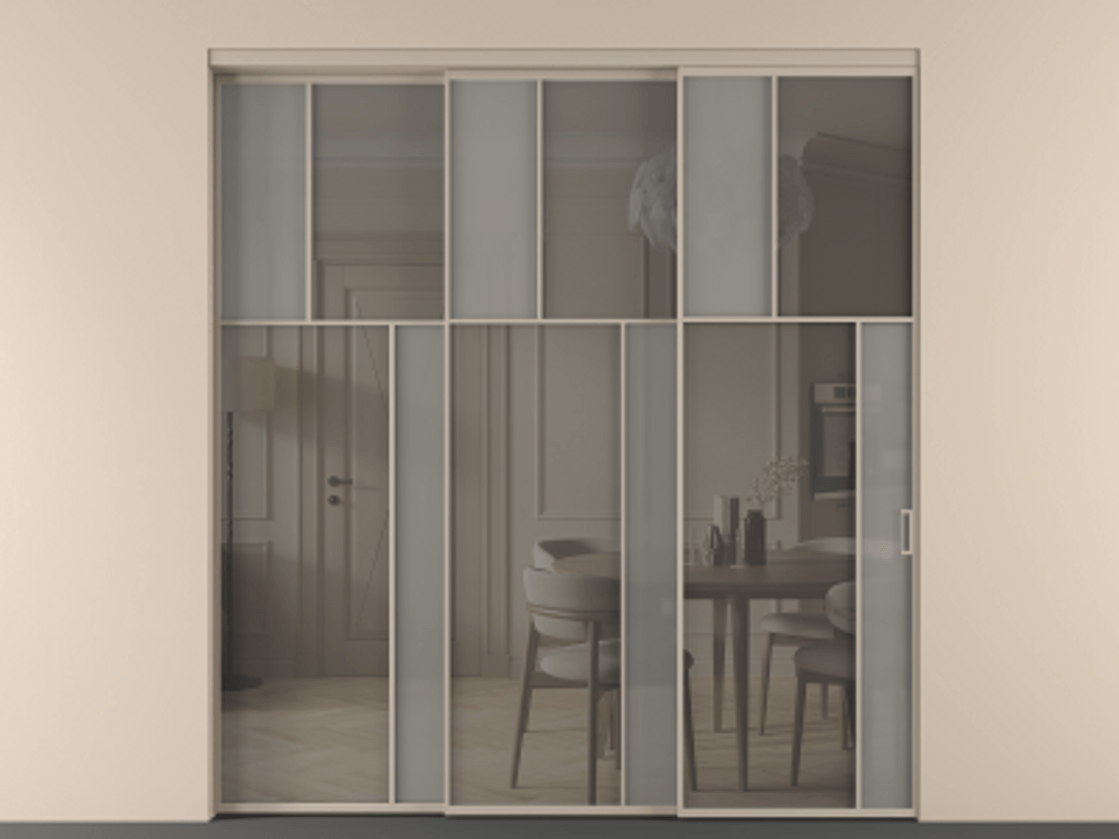 Перегородка Mosaic внутри проёма 3 створки с синхронным механизмом АЛПР 041.23 Алюминий бисквитный Сатинированное серое стекло, триплекс, 6 мм + Прозрачное серое стекло, триплекс Цена 3306668 ₸ | Volhovec