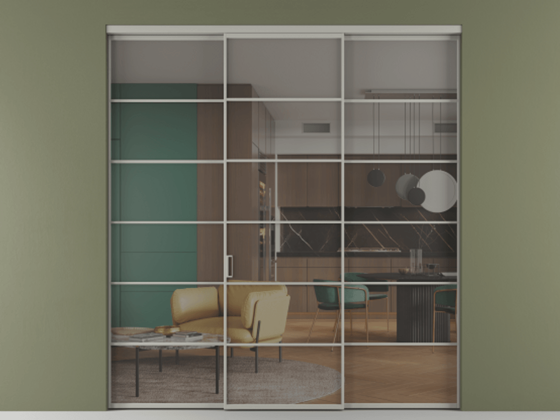 Перегородка Формато внутри проёма 3 створки АЛПР 040.04 Алюминий нейтральный серый Прозрачное серое стекло, триплекс Цена 1926477 ₸ | Volhovec