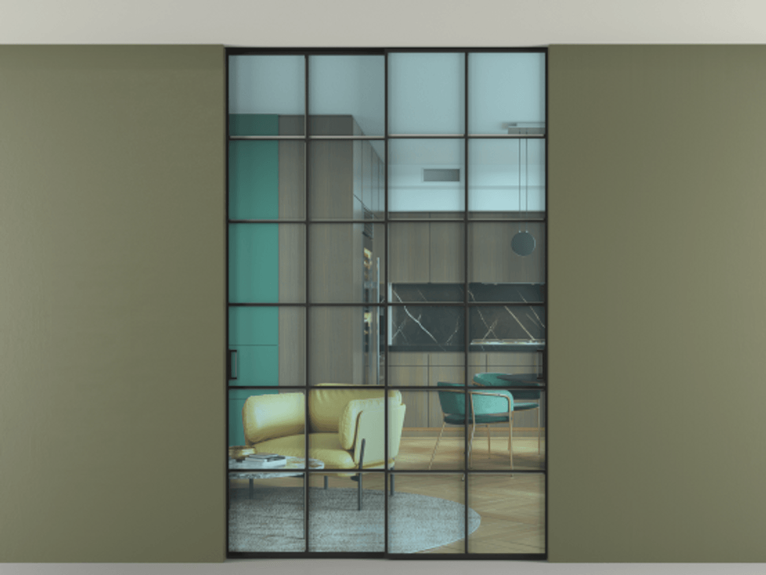 Перегородка Formato внутри проёма скрытое крепление в потолок 2 створки АЛПР 040.05 Алюминий Черный Прозрачное голубое стекло, триплекс Цена 1642100 ₸ | Volhovec