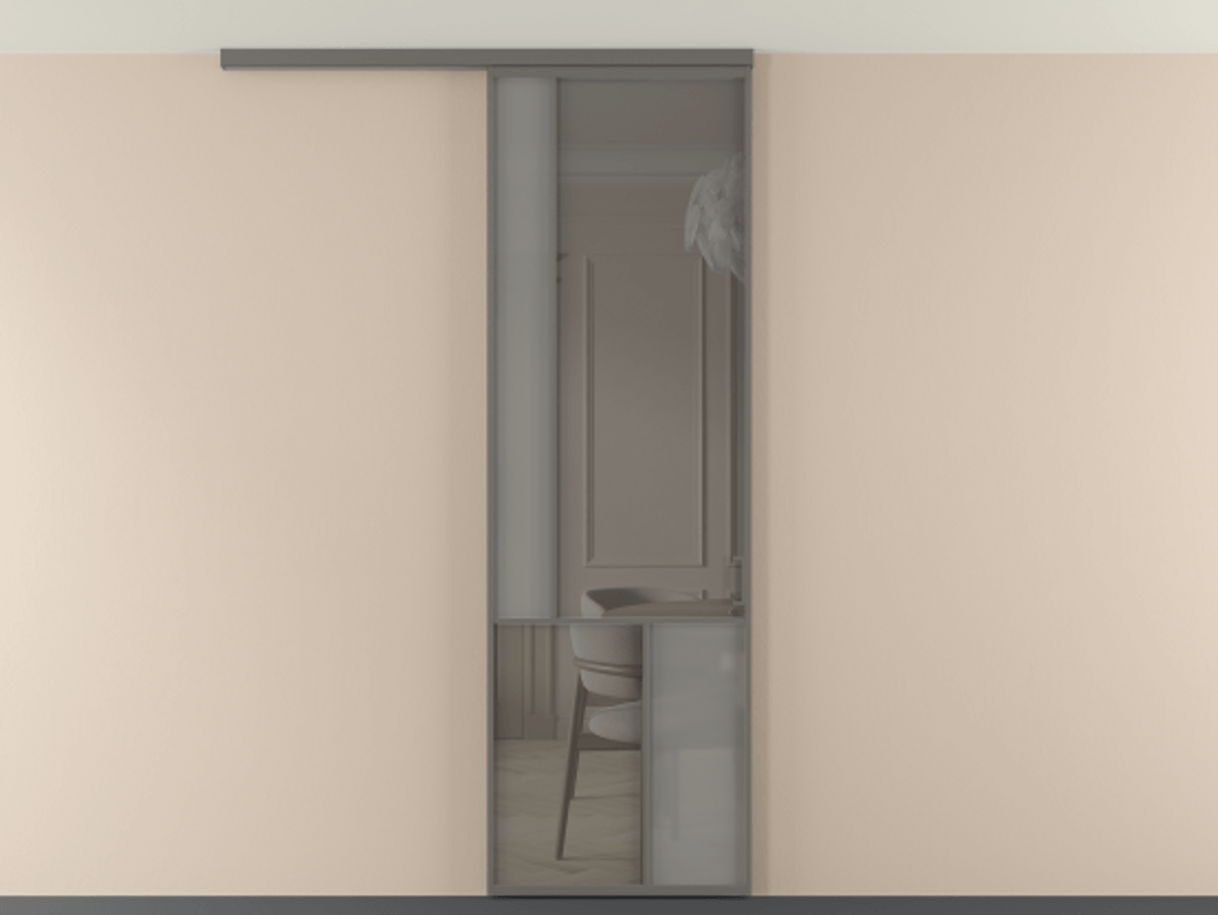 Перегородка Мозаик вдоль стены на потолок 1 створка АЛПР 041.20 Алюминий классический серый Сатинированное серое стекло, триплекс, 6 мм + Прозрачное серое стекло, триплекс Цена 1020902 ₸ | Volhovec