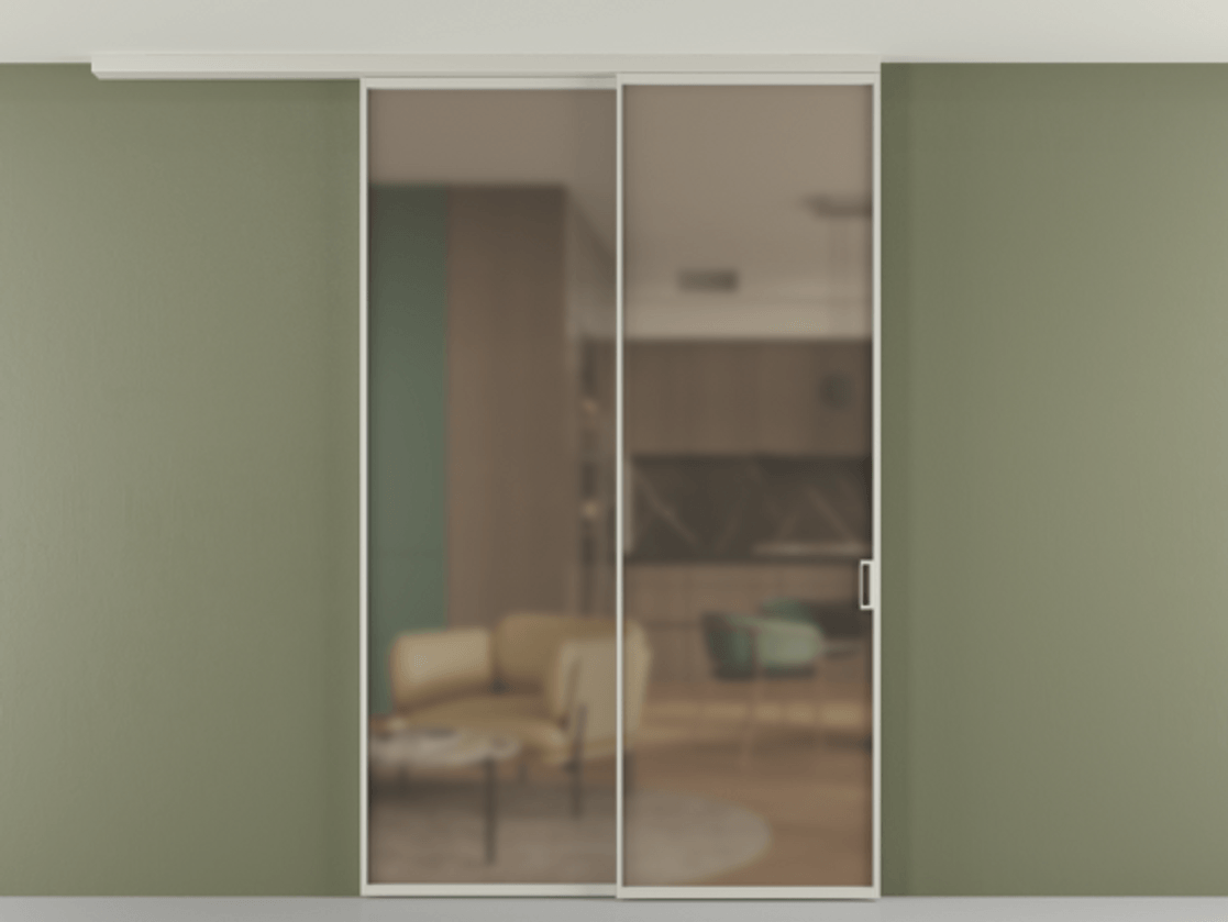 Перегородка Формато вдоль стены на потолок 2 створки с синхронным механизмом АЛПР 040.01 Алюминий тёплый серый Сатинированное бронзовое стекло, триплекс Цена 2029648 ₸ | Volhovec