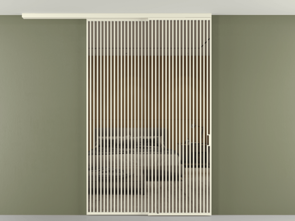 Перегородка Формато вдоль стены на потолок 2 створки с синхронным механизмом АЛПР 040.06 Алюминий молочно-белый Рефлективное бронзовое стекло "Стопсол", калёное Цена 3502215 ₸ | Volhovec