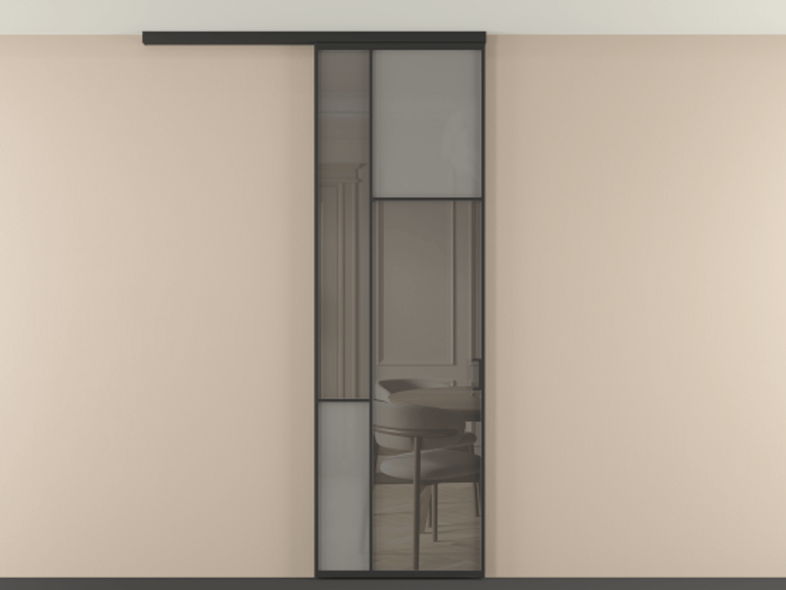 Перегородка Mosaic вдоль стены на потолок 1 створка АЛПР 041.11 Алюминий Черный Сатинированное серое стекло, триплекс, 6 мм + Прозрачное серое стекло, триплекс Цена 808450 ₸ | Volhovec