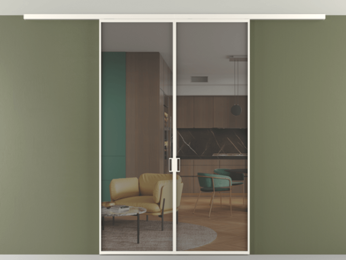 Перегородка Формато вдоль стены на потолок 2 створки АЛПР 040.01 Алюминий пудровый белый Прозрачное серое стекло, триплекс Цена 1343450 ₸ | Volhovec