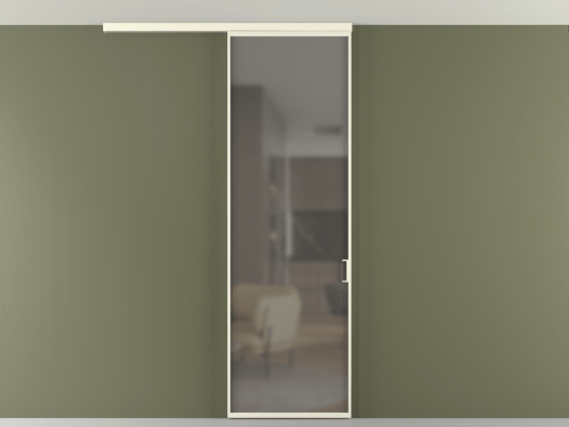 Перегородка Формато вдоль стены на потолок 1 створка АЛПР 040.01 Алюминий молочно-белый Сатинированное серое стекло, триплекс Цена 698567 ₸ | Volhovec