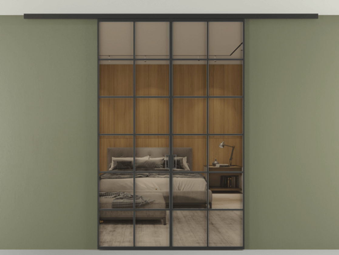 Перегородка Формато вдоль стены на потолок 2 створки АЛПР 040.05 Алюминий Черный Рефлективное бронзовое стекло "Стопсол", калёное Цена 1898921 ₸ | Volhovec