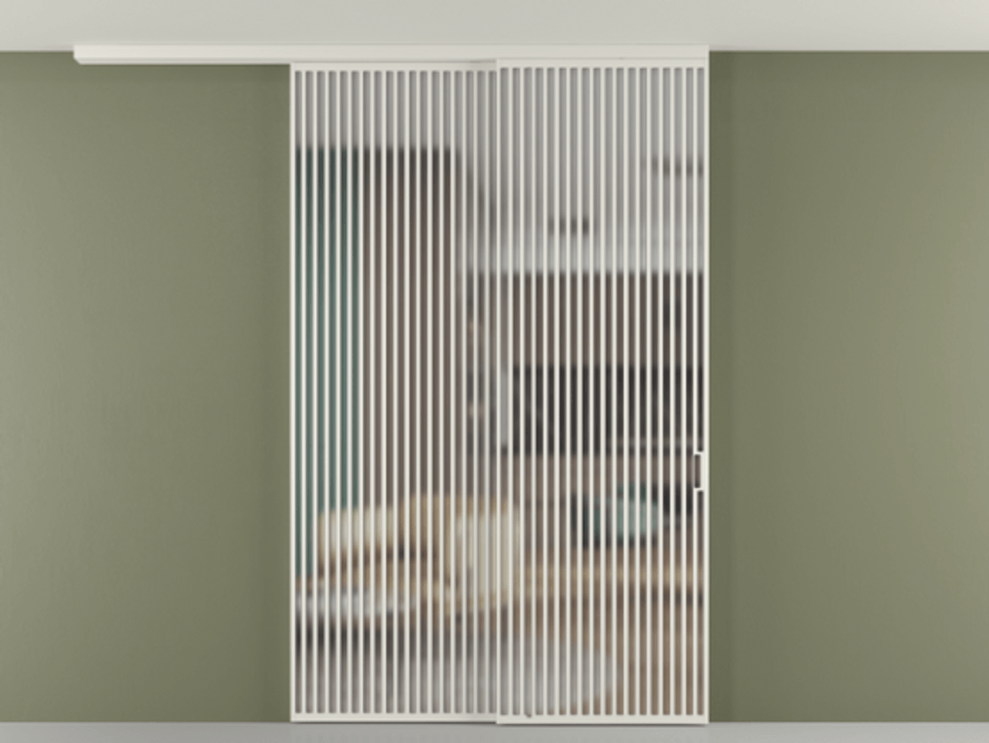 Перегородка Формато вдоль стены на потолок 2 створки с синхронным механизмом АЛПР 040.06 Алюминий Белый Сатинированное стекло "Мателюкс Кристал Вижн", калёное, матовое, каленое 6 мм Цена 3911242 ₸ | Volhovec