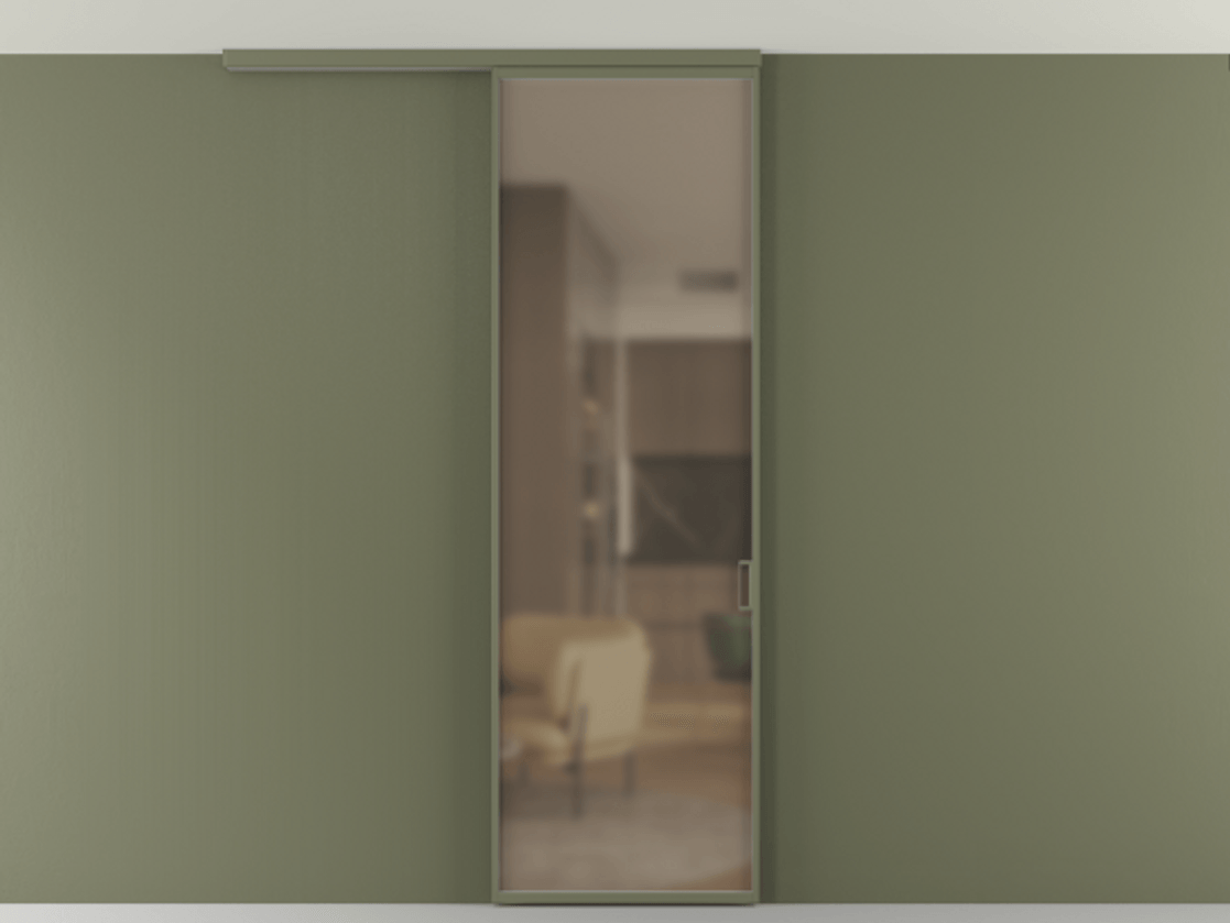 Перегородка Formato вдоль стены на потолок 1 створка АЛПР 040.01 Алюминий оливковый тёмный Сатинированное бронзовое стекло, триплекс Цена 698567 ₸ | Volhovec