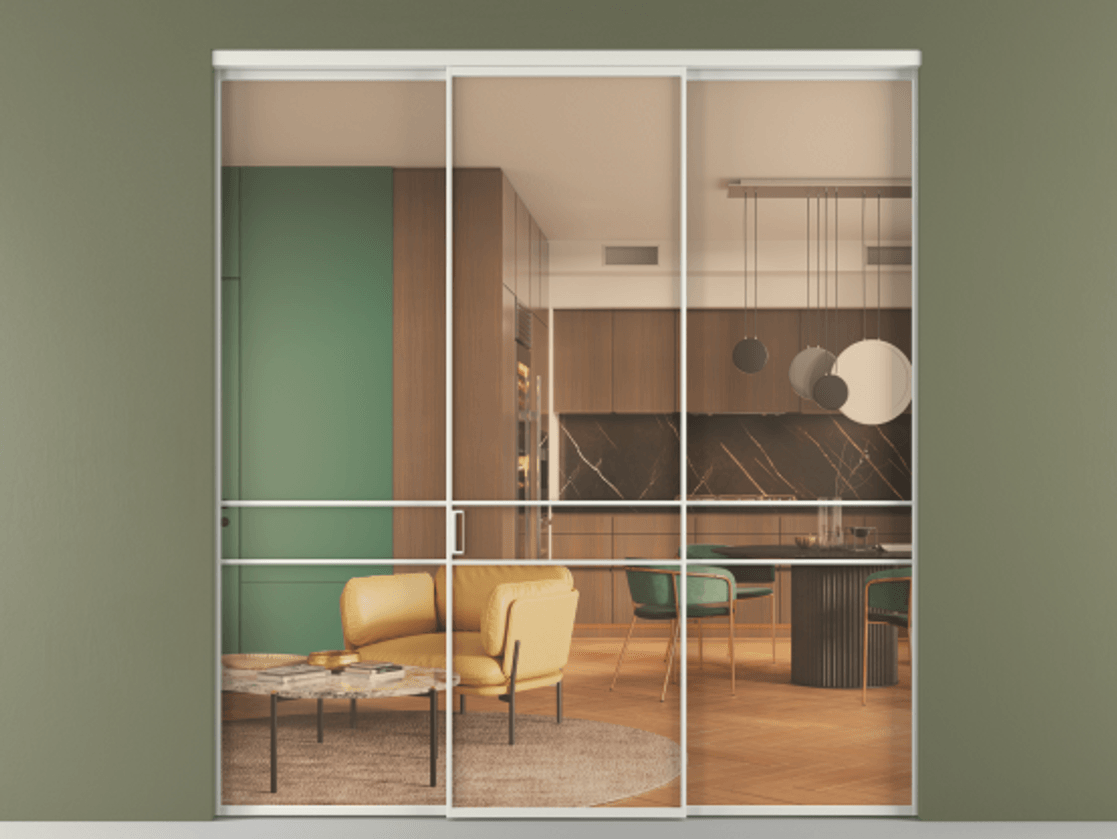 Перегородка Formato внутри проёма 3 створки АЛПР 040.02 Алюминий серый Прозрачное оранжевое стекло, триплекс Цена 1550900 ₸ | Volhovec