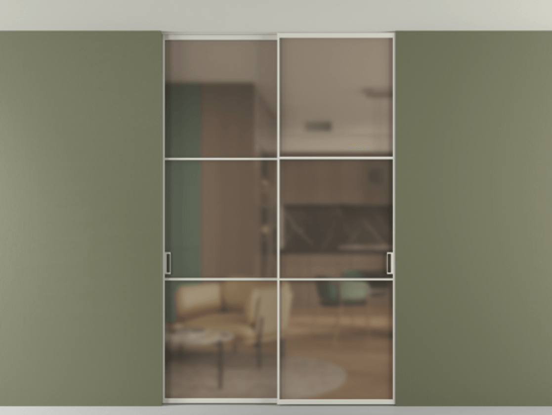 Перегородка Формато внутри проёма скрытое крепление в потолок 2 створки АЛПР 040.03 Алюминий тёплый серый Сатинированное бронзовое стекло, триплекс Цена 1876505 ₸ | Volhovec