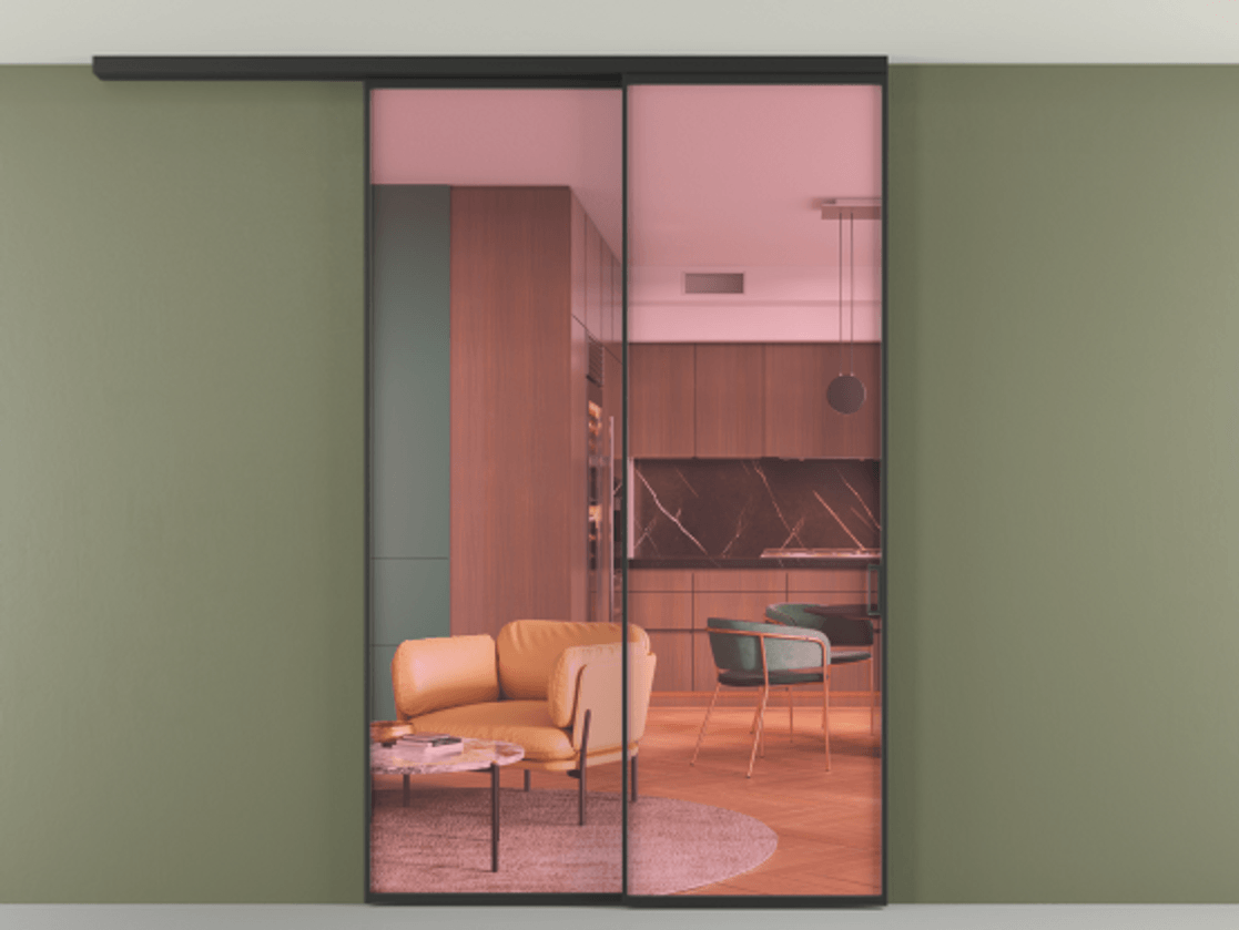 Перегородка Formato вдоль стены на потолок 2 створки с синхронным механизмом АЛПР 040.01 Алюминий Черный Прозрачное розовое стекло, триплекс Цена 1594200 ₸ | Volhovec