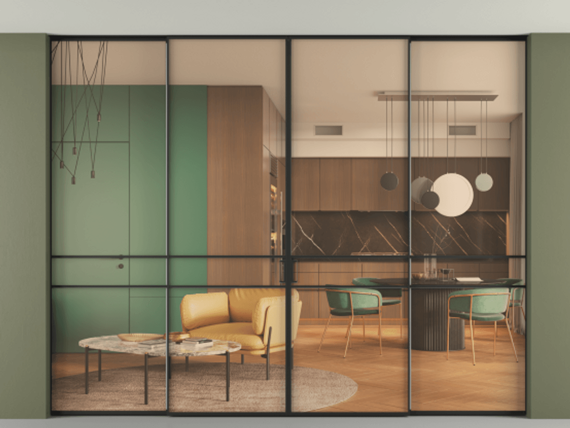 Перегородка Formato внутри проёма скрытое крепление в потолок 4 створки АЛПР 040.02 Алюминий Черный Прозрачное оранжевое стекло, триплекс Цена 2772900 ₸ | Volhovec