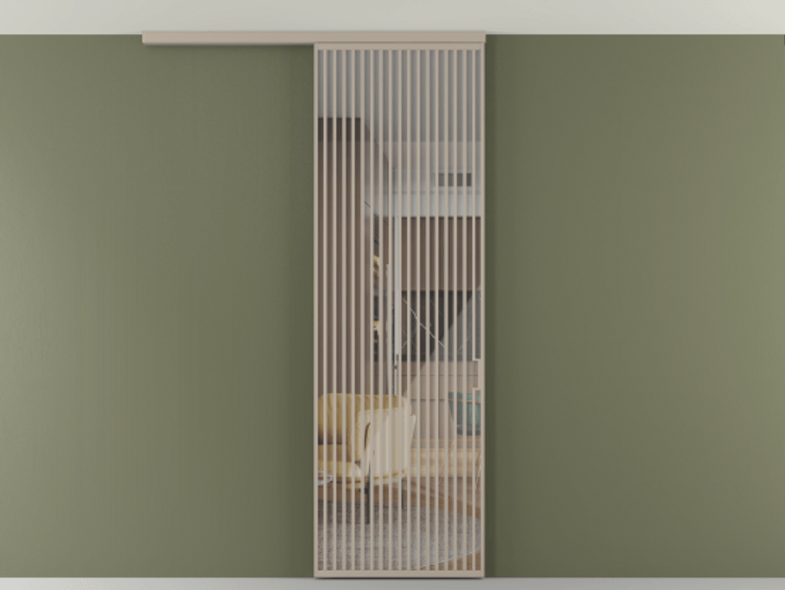 Перегородка Формато вдоль стены на потолок 1 створка АЛПР 040.06 Алюминий бисквитный Рефлективное прозрачное стекло "Стопсол", калёное Цена 1463828 ₸ | Volhovec