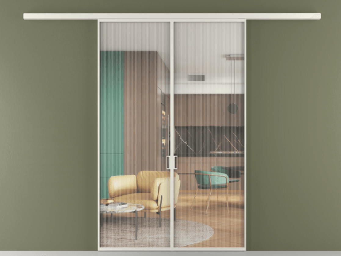 Перегородка Формато вдоль стены 2 створки АЛПР 040.01 Алюминий Белый Рифлёное стекло "Мору", триплекс Цена 1452654 ₸ | Volhovec