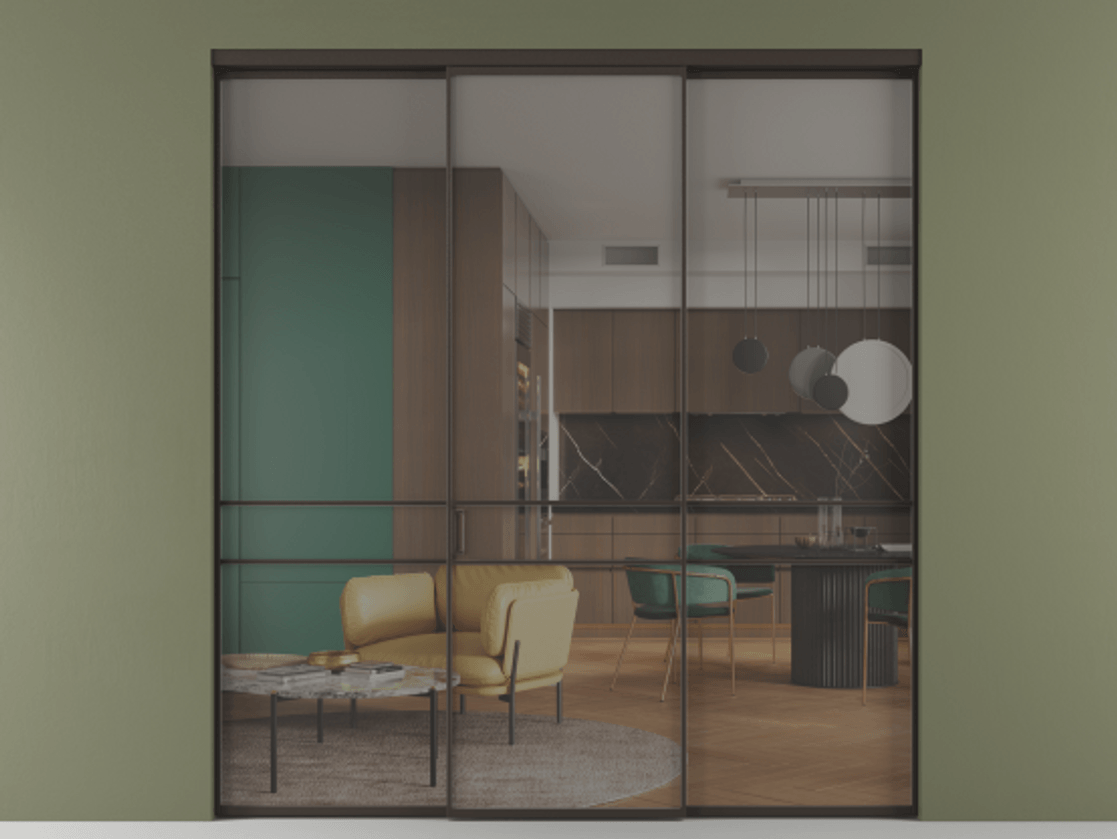 Перегородка Формато внутри проёма 3 створки АЛПР 040.02 Алюминий антрацит Прозрачное серое стекло, триплекс Цена 1793799 ₸ | Volhovec