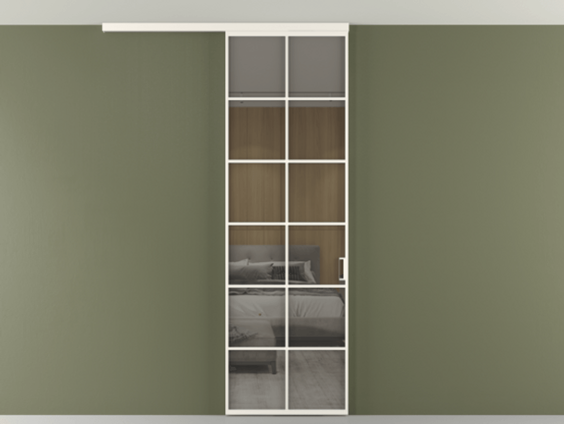 Перегородка Формато вдоль стены на потолок 1 створка АЛПР 040.05 Алюминий пудровый белый Рефлективное серое стекло "Стопсол", калёное Цена 1013720 ₸ | Volhovec