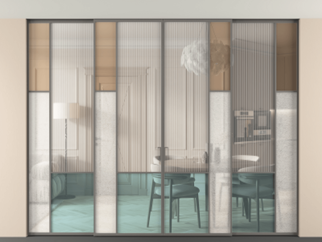 Перегородка Мозаик внутри проёма скрытое крепление в потолок 4 створки АЛПР 041.12 Алюминий классический серый Комбинация стекол Группы 1 и Группы 3 Цена 4666486 ₸ | Volhovec