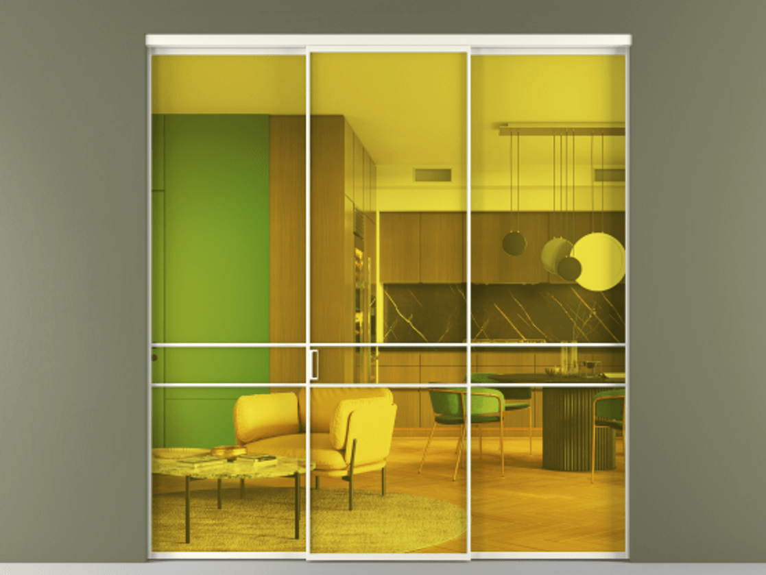 Перегородка Formato внутри проёма 3 створки АЛПР 040.02 Алюминий жемчужный Прозрачное жёлтое стекло, триплекс Цена 1793799 ₸ | Volhovec